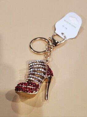 Gold High Heel Keychain Charm with Red and Clear Crystals